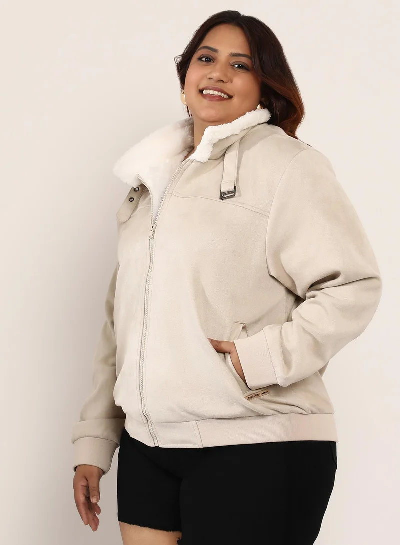 Instafab Plus  Women's Cream White Contrast Sherpa-Lined Suede Bomber Jacket | كم طويل | ألوان متداخلة | كاجوال ويومي | طوق منتشر | جاكيت for Women | Best Price UAE