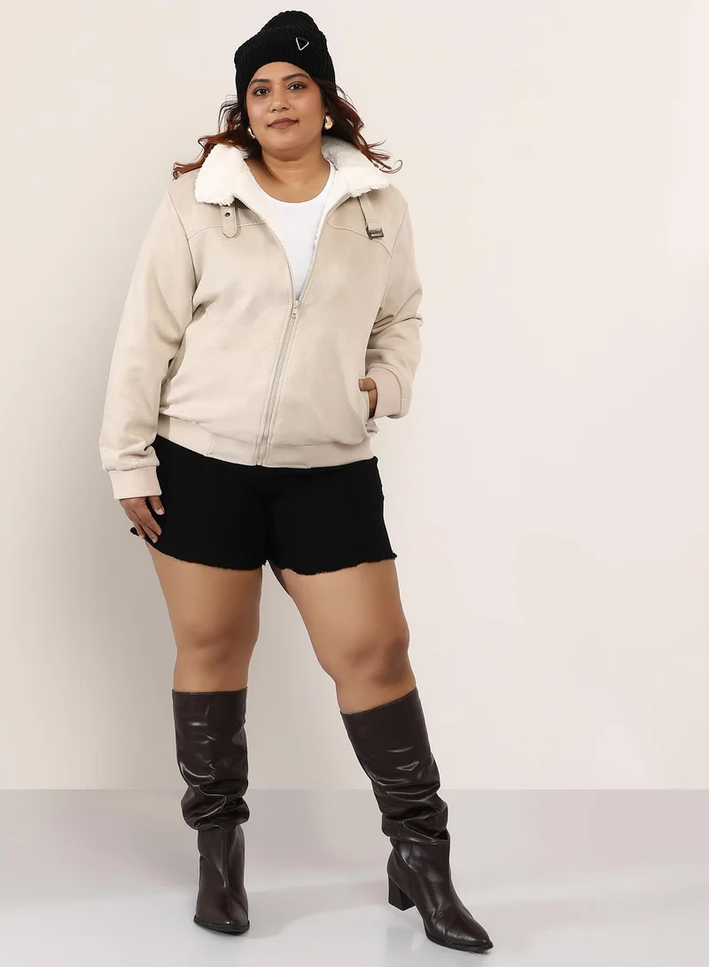Instafab Plus  Women's Cream White Contrast Sherpa-Lined Suede Bomber Jacket | كم طويل | ألوان متداخلة | كاجوال ويومي | طوق منتشر | جاكيت for Women | Best Price UAE