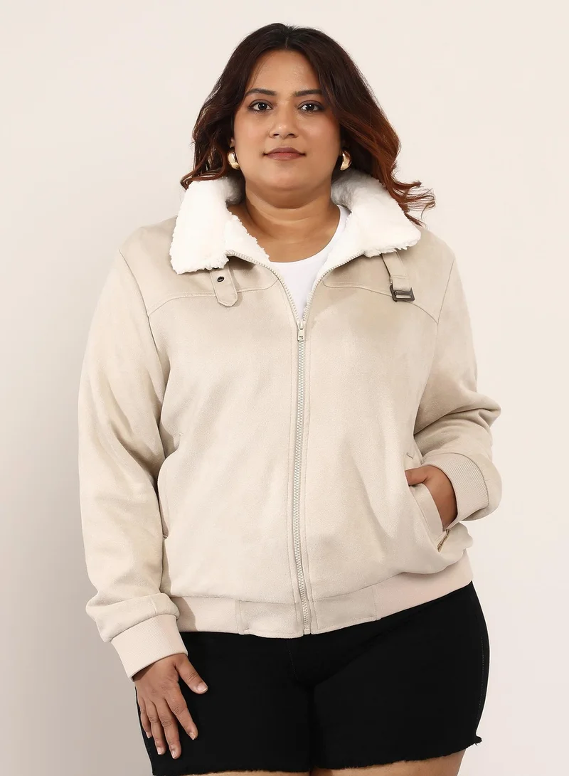 انستافاب بلس Women's Contrast Sherpa-Lined Suede Bomber Jacket | Point Collar , Long Ribbed-Cuff Sleeves, Zipper Closure | Plus-Size Colourblock Woven Jacket For Casual & Daily Wear | Cream White