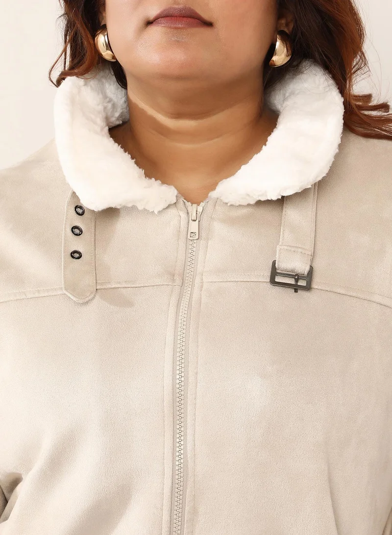 Instafab Plus  Women's Cream White Contrast Sherpa-Lined Suede Bomber Jacket | كم طويل | ألوان متداخلة | كاجوال ويومي | طوق منتشر | جاكيت for Women | Best Price UAE