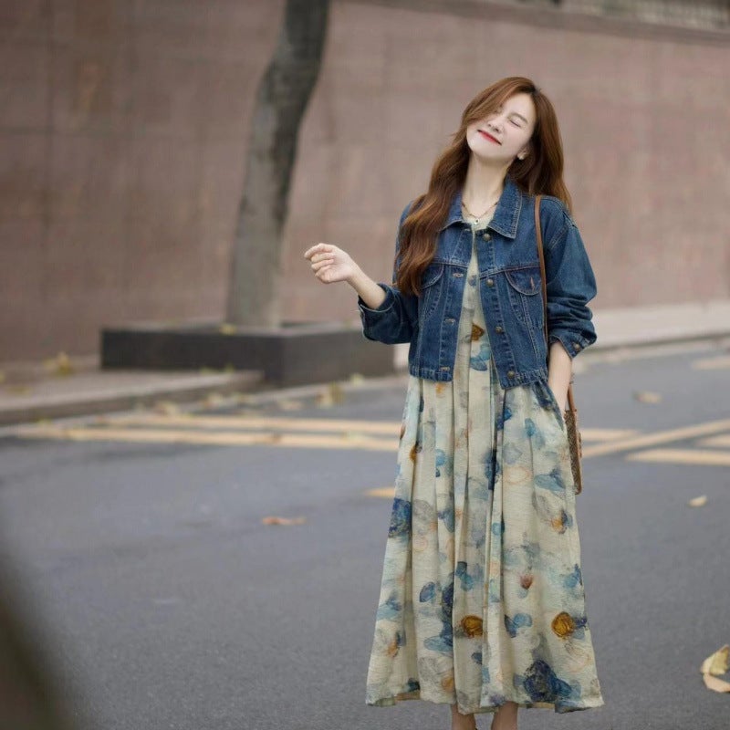 2024 autumn and winter new salt light ripe wind fashion age-reducing ink painting dress with Denim short coat two-piece set Two-piece set - Image 1