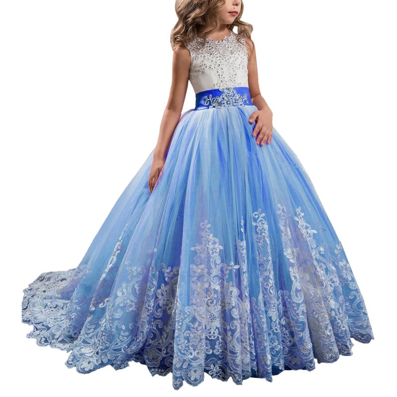 WDE Princess Royal Blue Long Girls Pageant Dresses Kids Prom Puffy Tulle Ball Gown US 8 - Image 1