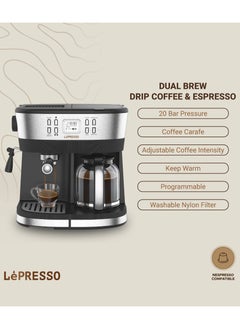 LePRESSO Dual Coffee Maker Brew Drip Coffee & Espresso Coffee Machine with Milk Steamer and Flow Meter / Adjustable Temperature / Programmable / Nespresso Compatible - Black  - Image 2