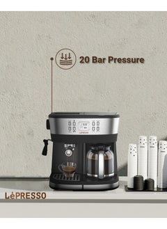 LePRESSO Dual Coffee Maker Brew Drip Coffee & Espresso Coffee Machine with Milk Steamer and Flow Meter / Adjustable Temperature / Programmable / Nespresso Compatible - Black  - Image 5