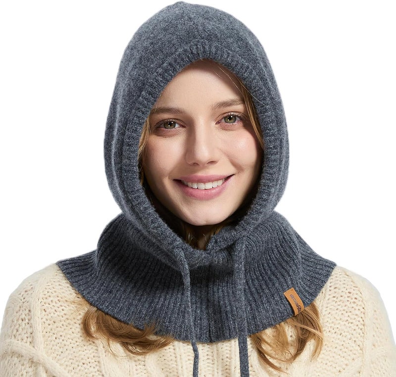 ACUSHLA 100% Merino Wool Balaclava for Women & Men Winter Warm Knit Hooded Scarf Hoodie Hat and Scarf Set in One - Image 1