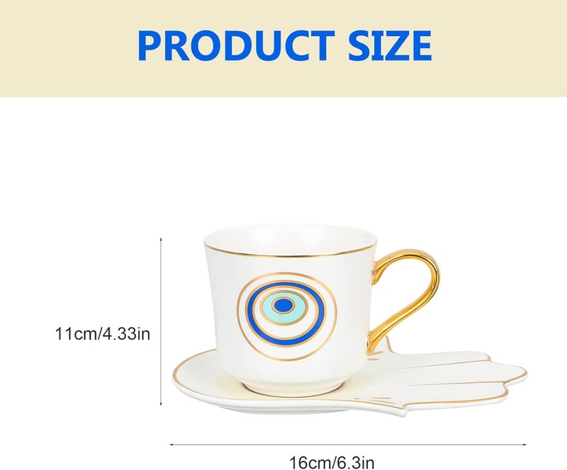 woobles Tea Cup Set Latte Mugs Evil Eye Coffee Cups Set: Ceramic Coffee Mug Turkish Arabic Greek Tea Cup with Hamsa Hand Saucer for Cappuccino Drinks Latte Cafe White Small Tea Cups Espresso Cups - Image 2