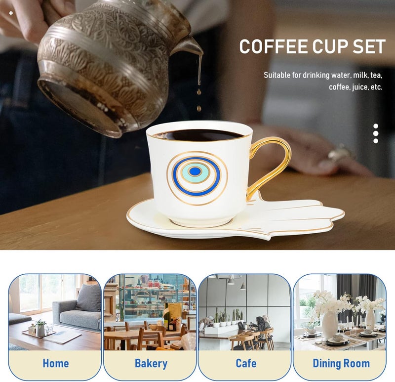 woobles Tea Cup Set Latte Mugs Evil Eye Coffee Cups Set: Ceramic Coffee Mug Turkish Arabic Greek Tea Cup with Hamsa Hand Saucer for Cappuccino Drinks Latte Cafe White Small Tea Cups Espresso Cups - Image 4