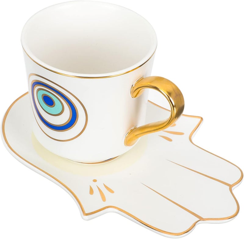 woobles Tea Cup Set Latte Mugs Evil Eye Coffee Cups Set: Ceramic Coffee Mug Turkish Arabic Greek Tea Cup with Hamsa Hand Saucer for Cappuccino Drinks Latte Cafe White Small Tea Cups Espresso Cups - Image 1