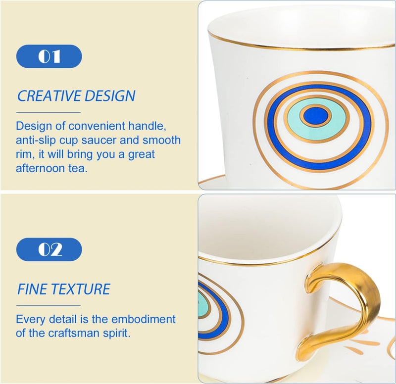woobles Tea Cup Set Latte Mugs Evil Eye Coffee Cups Set: Ceramic Coffee Mug Turkish Arabic Greek Tea Cup with Hamsa Hand Saucer for Cappuccino Drinks Latte Cafe White Small Tea Cups Espresso Cups - Image 3