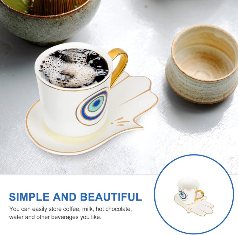 woobles Tea Cup Set Latte Mugs Evil Eye Coffee Cups Set: Ceramic Coffee Mug Turkish Arabic Greek Tea Cup with Hamsa Hand Saucer for Cappuccino Drinks Latte Cafe White Small Tea Cups Espresso Cups - Image 5