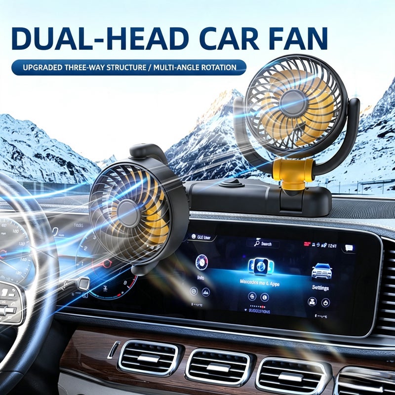 Foldable Dual-Head Car Fan 12V 24V USB - Image 1