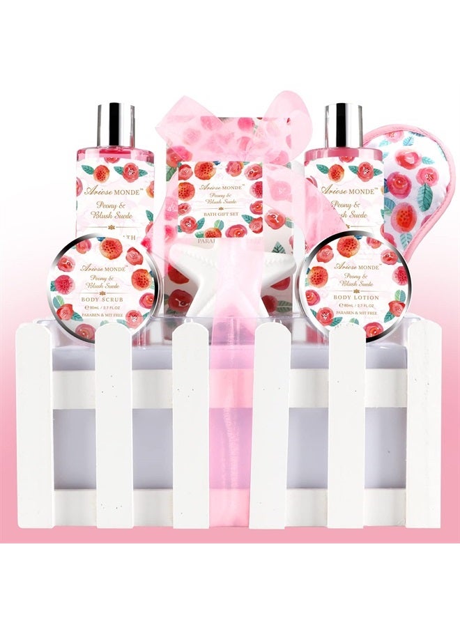 ArioseMonde Spa Basket Gift Set for Women, Peony & Blush Suede Fragrance, Home Relax Bath Gift Set with Shower Gel, Bubble Bath,Body Lotion,Body Scrub,Bath Bombs,Bath Salt, Eye Mask - Image 1