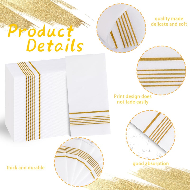 DaYammi 100 PCS Gold Napkins Disposable Hand Towels Soft and Absorbent Linen Feel Dinner Napkins disposable hand towels  White and Gold Paper Napkins Paper Guest Towels for Bathroom Kitchen Thanksgiving Party - Image 1