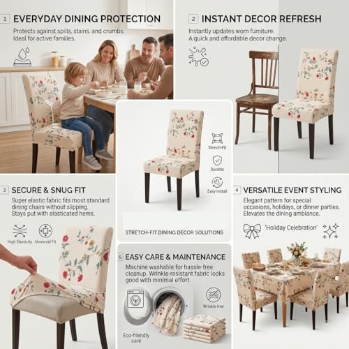 Styleys Dining Chair Cover with Table Covers for Kitchen Waterproof Dining Table Cloth (1 Table Cover + 6 Chair Cover, Beige Tulip Flower, CTSD3128) - Image 3