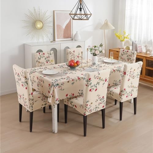 Styleys Dining Chair Cover with Table Covers for Kitchen Waterproof Dining Table Cloth (1 Table Cover + 6 Chair Cover, Beige Tulip Flower, CTSD3128) - Image 1