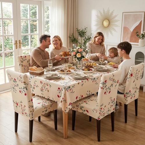 Styleys Dining Chair Cover with Table Covers for Kitchen Waterproof Dining Table Cloth (1 Table Cover + 6 Chair Cover, Beige Tulip Flower, CTSD3128) - Image 2