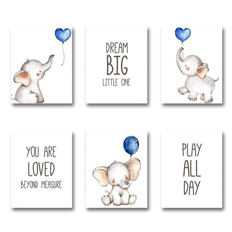 iMagitek Set of 6 Unframed Baby Boy Wall Art Prints Blue Elephant Wall Decor with Balloons for Boys Room 8 x 10