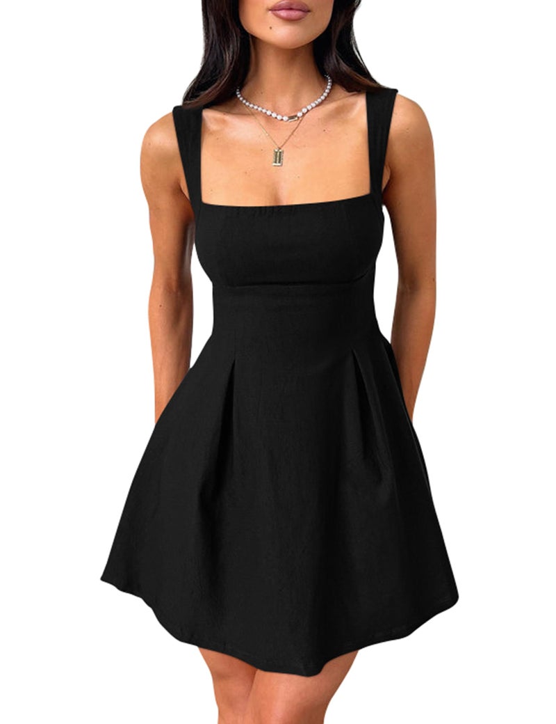 YMDUCH Women's Sexy Sleeveless Square Neck Adjustable Straps Bow Tie A-line Mini Party Club Dress Black Medium - Image 1