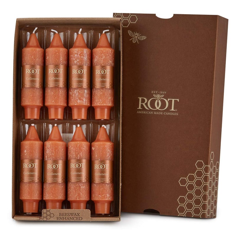 Root Candles 8Count Unscented Dinner Candles Dripless Beeswax Enhanced Timberline Collenette Boxed Candle Set 5Inch Rust