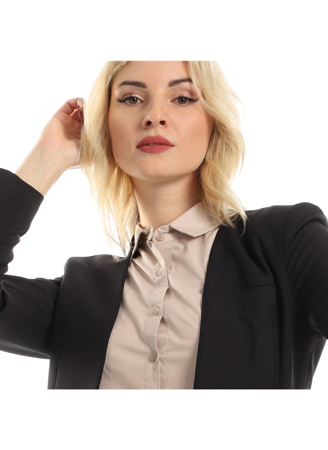 Esla - Elegant Fitted Long Sleeved Blazer With Open Neckline - Black - Image 1