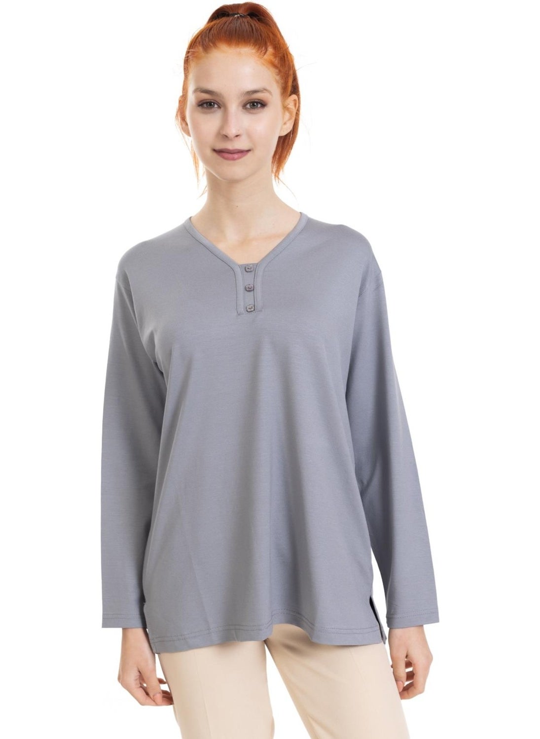 Mutlu City - Women Middle Age and Above Four Seasons V Neck Comfortable Pattern Lycra Viscose Mother Combed Cotton Blouse 140 - Image 1