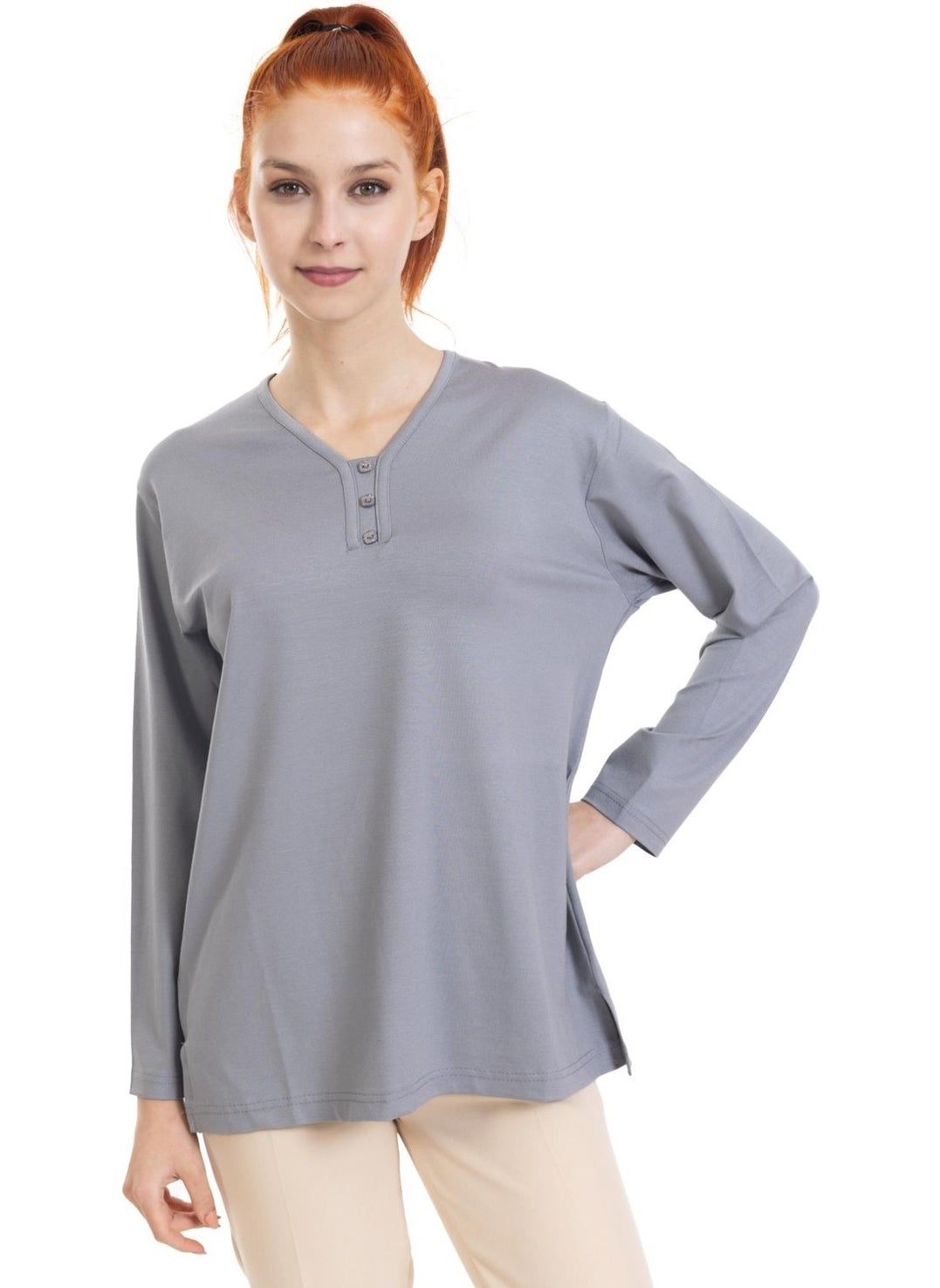 Mutlu City - Women Middle Age and Above Four Seasons V Neck Comfortable Pattern Lycra Viscose Mother Combed Cotton Blouse 140 - Image 1