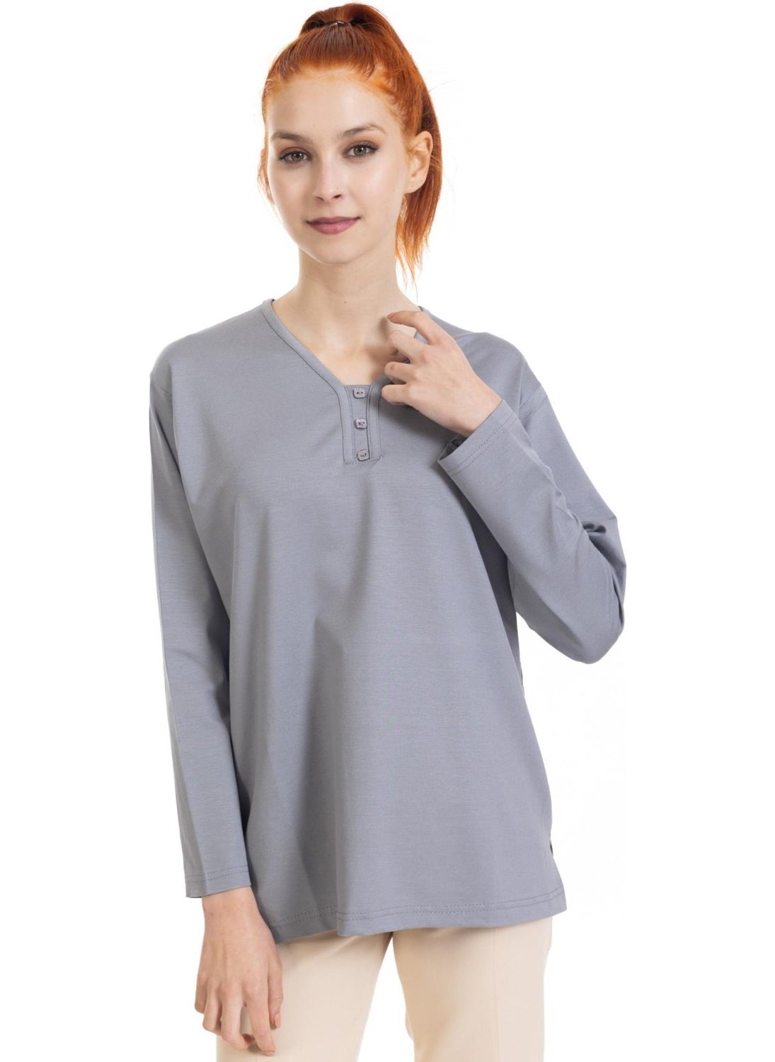 Mutlu City - Women Middle Age and Above Four Seasons V Neck Comfortable Pattern Lycra Viscose Mother Combed Cotton Blouse 140 - Image 1