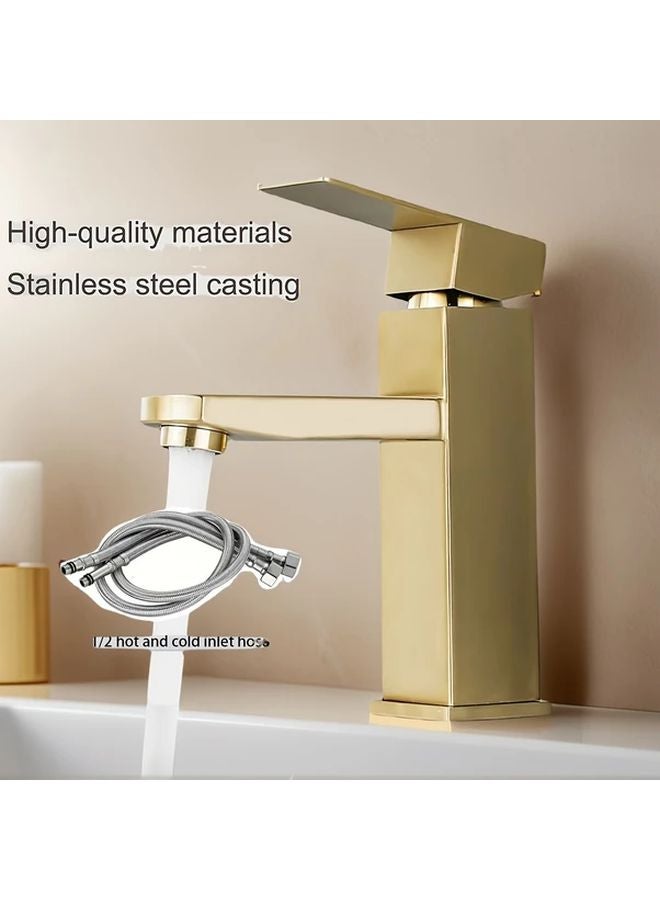 Golden Single Hole Bathroom Sink Faucet Brushed Finish Hot Cold Water Mixer - Image 2