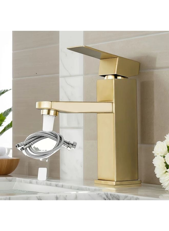 Golden Single Hole Bathroom Sink Faucet Brushed Finish Hot Cold Water Mixer - Image 1