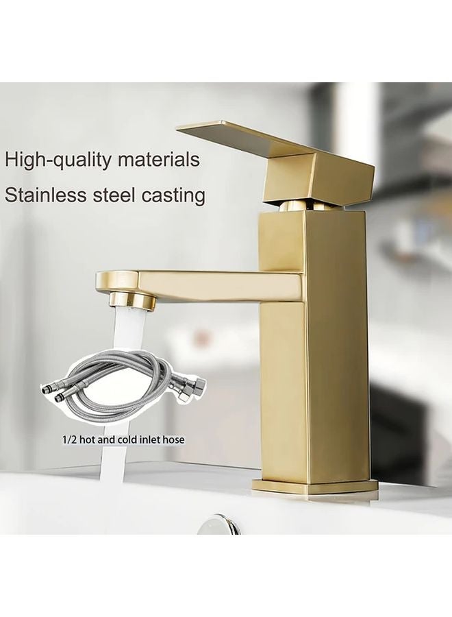 Golden Single Hole Bathroom Sink Faucet Brushed Finish Hot Cold Water Mixer - Image 5