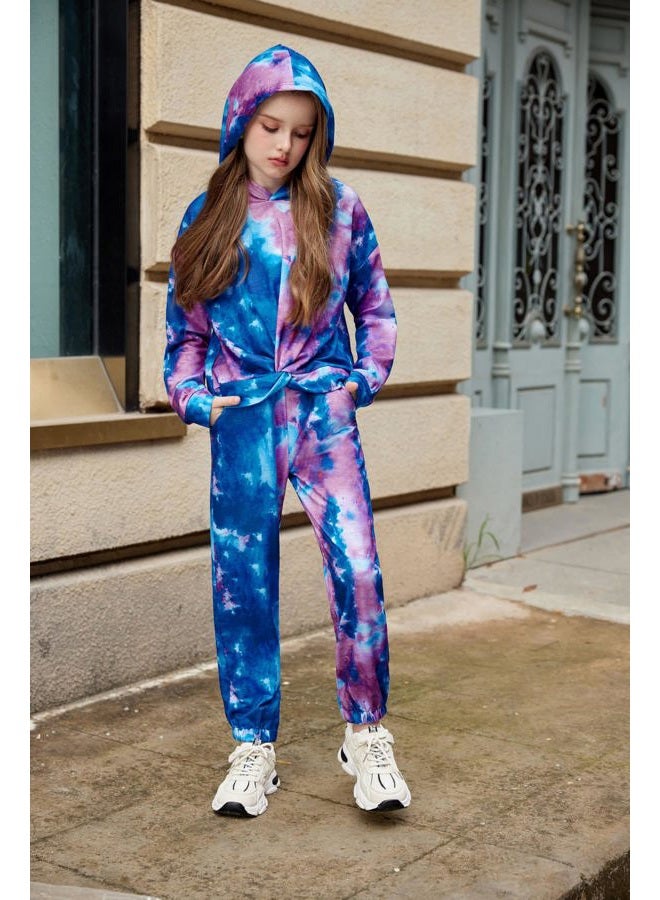 Arshiner 2 Piece Girls Tie Dye Clothes Set Cute Twist Front Tops Sweatshirts Hoodies Sweatpants Tracksuit Sweatsuits Outfits, Dark Blue & Dark Purple & Light Blue, 5-6 years - Image 2