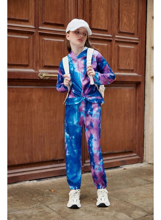Arshiner 2 Piece Girls Tie Dye Clothes Set Cute Twist Front Tops Sweatshirts Hoodies Sweatpants Tracksuit Sweatsuits Outfits, Dark Blue & Dark Purple & Light Blue, 5-6 years - Image 4