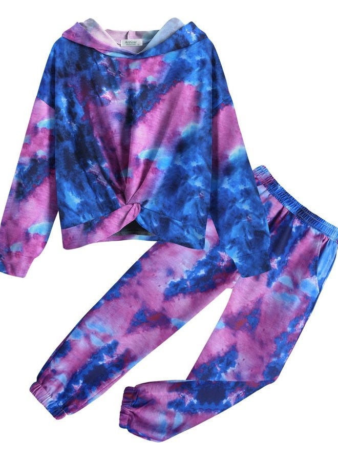 Arshiner 2 Piece Girls Tie Dye Clothes Set Cute Twist Front Tops Sweatshirts Hoodies Sweatpants Tracksuit Sweatsuits Outfits, Dark Blue & Dark Purple & Light Blue, 5-6 years - Image 1