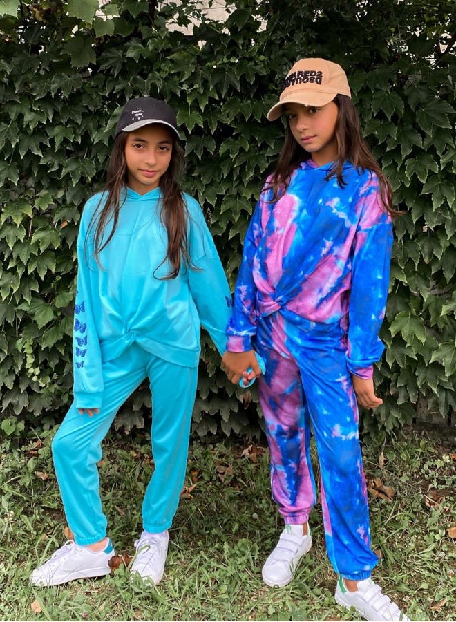 Arshiner 2 Piece Girls Tie Dye Clothes Set Cute Twist Front Tops Sweatshirts Hoodies Sweatpants Tracksuit Sweatsuits Outfits, Dark Blue & Dark Purple & Light Blue, 5-6 years - Image 5
