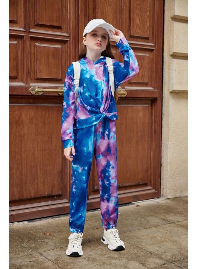 Arshiner 2 Piece Girls Tie Dye Clothes Set Cute Twist Front Tops Sweatshirts Hoodies Sweatpants Tracksuit Sweatsuits Outfits, Dark Blue & Dark Purple & Light Blue, 5-6 years - Image 3