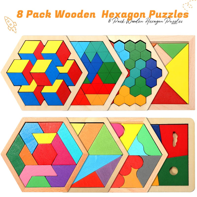 Jerify 8 Pack Wooden Tangrams Puzzles Wooden Hexagon Puzzles Blocks Geometric Tangram Jigsaw for Adults 3D Logic Intelligence IQ Game Gift - Image 2