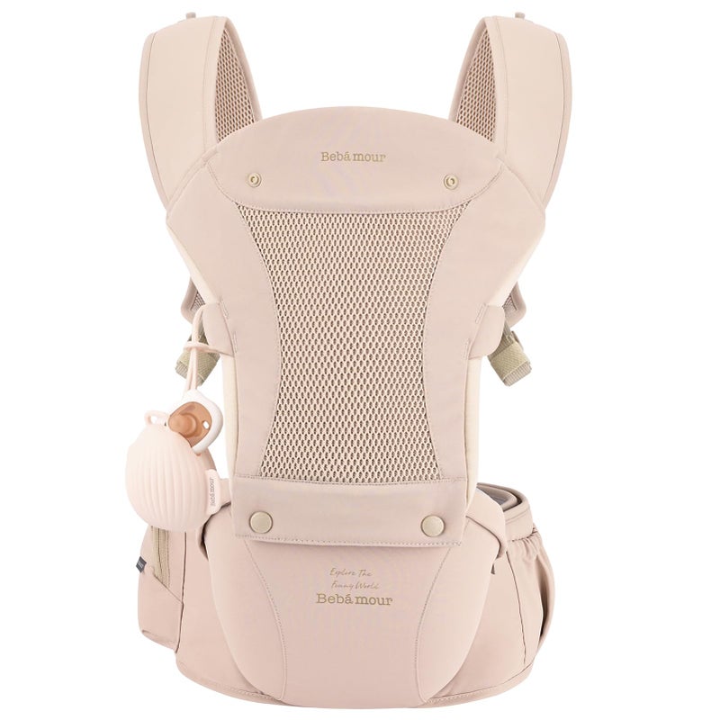 Bebamour Baby Carrier with Hip Seat,All-Position Breathable Mesh Hip Seat & Carrier 0-36Months with Head Hood, 3 PCS Teething Pads, Waist Extender,Storage Bag & Pacifier Case (Pink) - Image 1