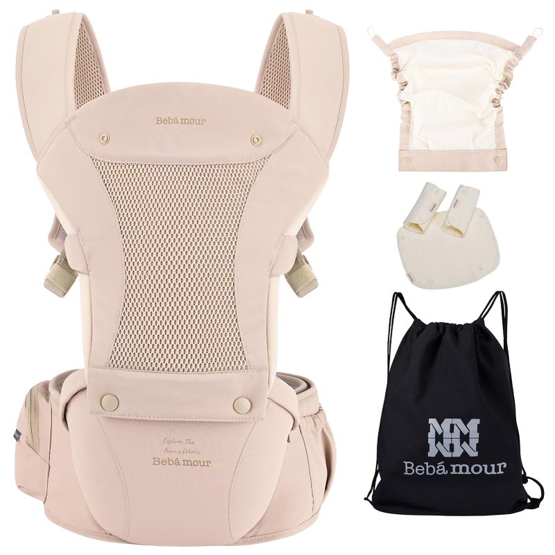 Bebamour Baby Carrier with Hip Seat,All-Position Breathable Mesh Hip Seat & Carrier 0-36Months with Head Hood, 3 PCS Teething Pads, Waist Extender,Storage Bag & Pacifier Case (Pink) - Image 2