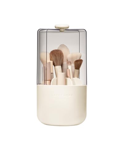 EACHY Makeup Brush Holder with Lid 360 Rotating Vanity Organizer for Brushes Dustproof Cosmetic Display Case 7 Compartments Waterproof Plastic Beige - Image 1