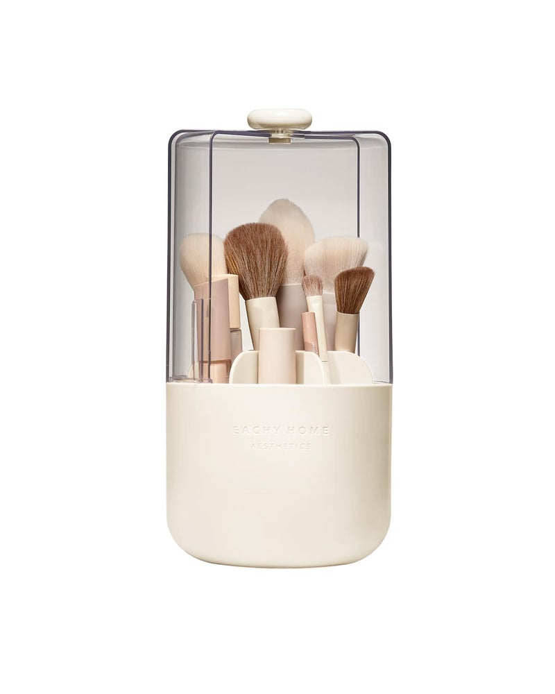 EACHY Makeup Brush Holder with Lid 360 Rotating Vanity Organizer for Brushes Dustproof Cosmetic Display Case 7 Compartments Waterproof Plastic Beige - Image 2