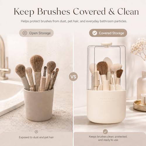 EACHY Makeup Brush Holder with Lid 360 Rotating Vanity Organizer for Brushes Dustproof Cosmetic Display Case 7 Compartments Waterproof Plastic Beige - Image 3