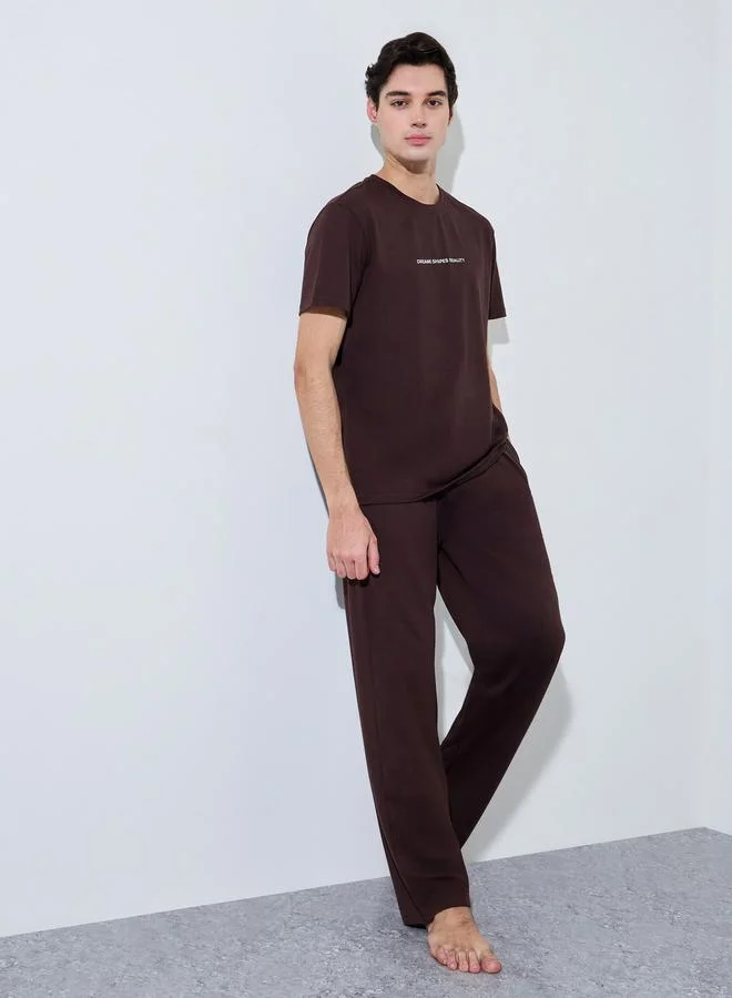 Styli Men Brown Slogan Print Top and Solid Pants Pyjama Set