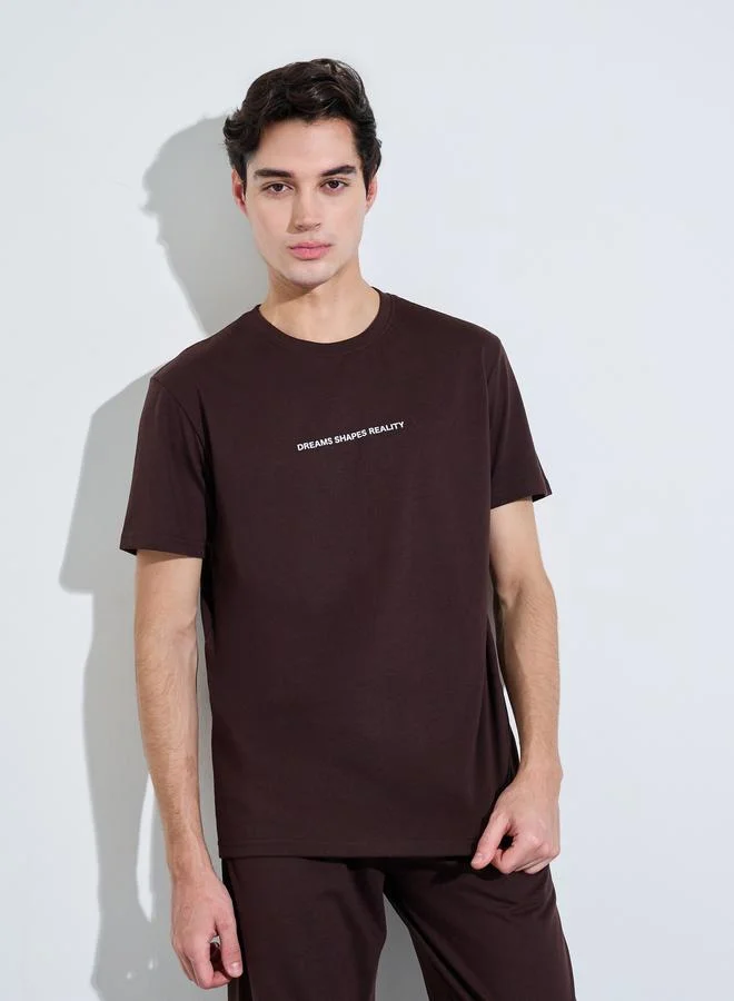 Styli Men Brown Slogan Print Top and Solid Pants Pyjama Set