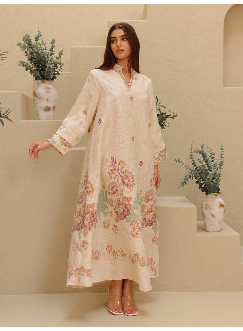 IKKXA Beautiful Design Printed Jalabiya Floral Details IK4021 Yellow - Image 1