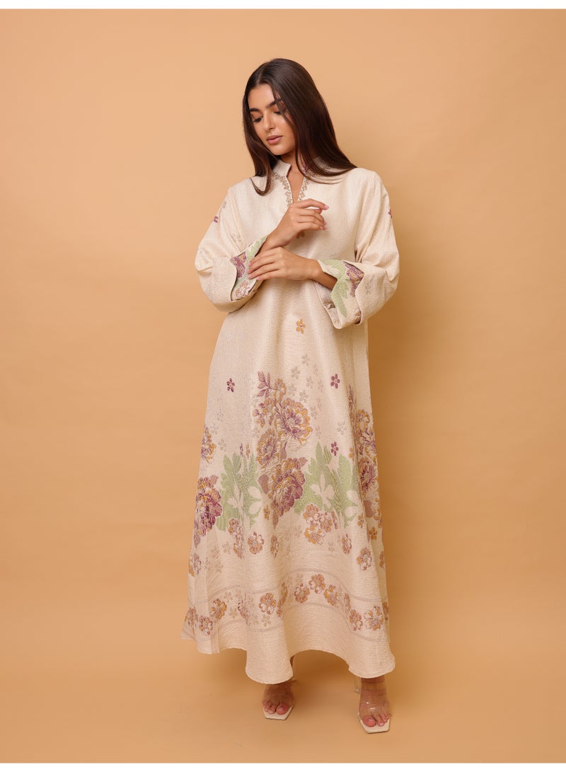 IKKXA Beautiful Design Printed Jalabiya Floral Details IK4021 Yellow - Image 5