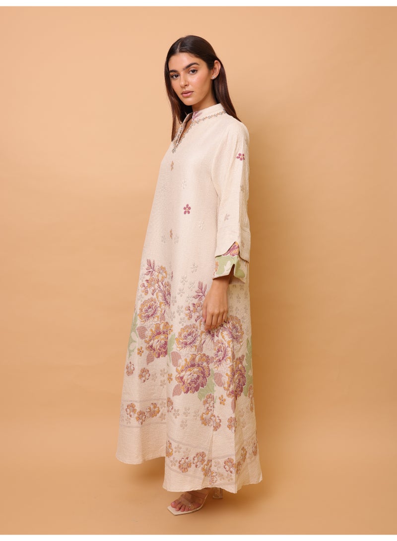 IKKXA Beautiful Design Printed Jalabiya Floral Details IK4021 Yellow - Image 3