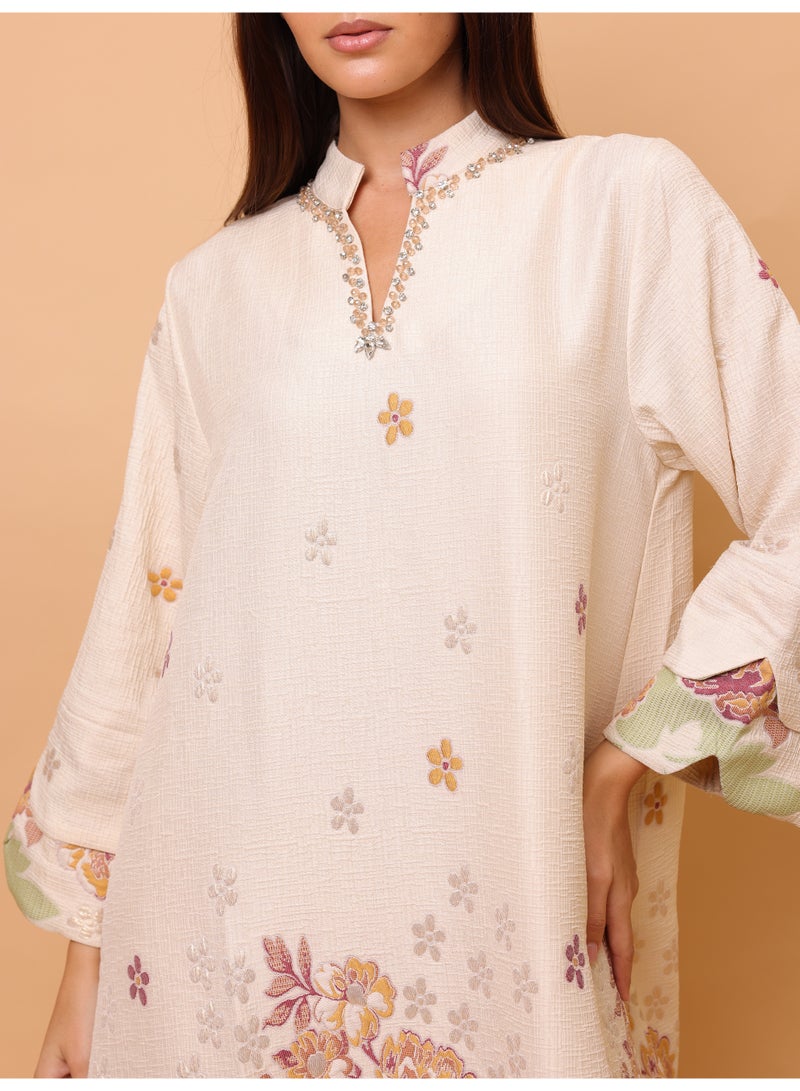 IKKXA Beautiful Design Printed Jalabiya Floral Details IK4021 Yellow - Image 2