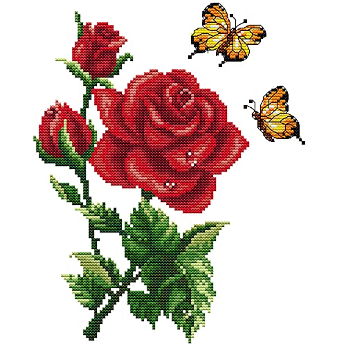 ITSTITCH Stamped Cross Stitch Kits for Beginners Full Range of Crossstitching Kits Preprinted Pattern for Kids or Adults, Embroidery Needlepoint Starter Kits 14CT 2 Strands-Butterflies Rose,10.2''x11.8'' - Image 2