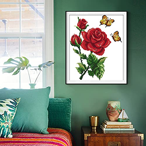 ITSTITCH Stamped Cross Stitch Kits for Beginners Full Range of Crossstitching Kits Preprinted Pattern for Kids or Adults, Embroidery Needlepoint Starter Kits 14CT 2 Strands-Butterflies Rose,10.2''x11.8'' - Image 3