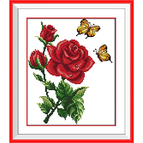 ITSTITCH Stamped Cross Stitch Kits for Beginners Full Range of Crossstitching Kits Preprinted Pattern for Kids or Adults, Embroidery Needlepoint Starter Kits 14CT 2 Strands-Butterflies Rose,10.2''x11.8'' - Image 1